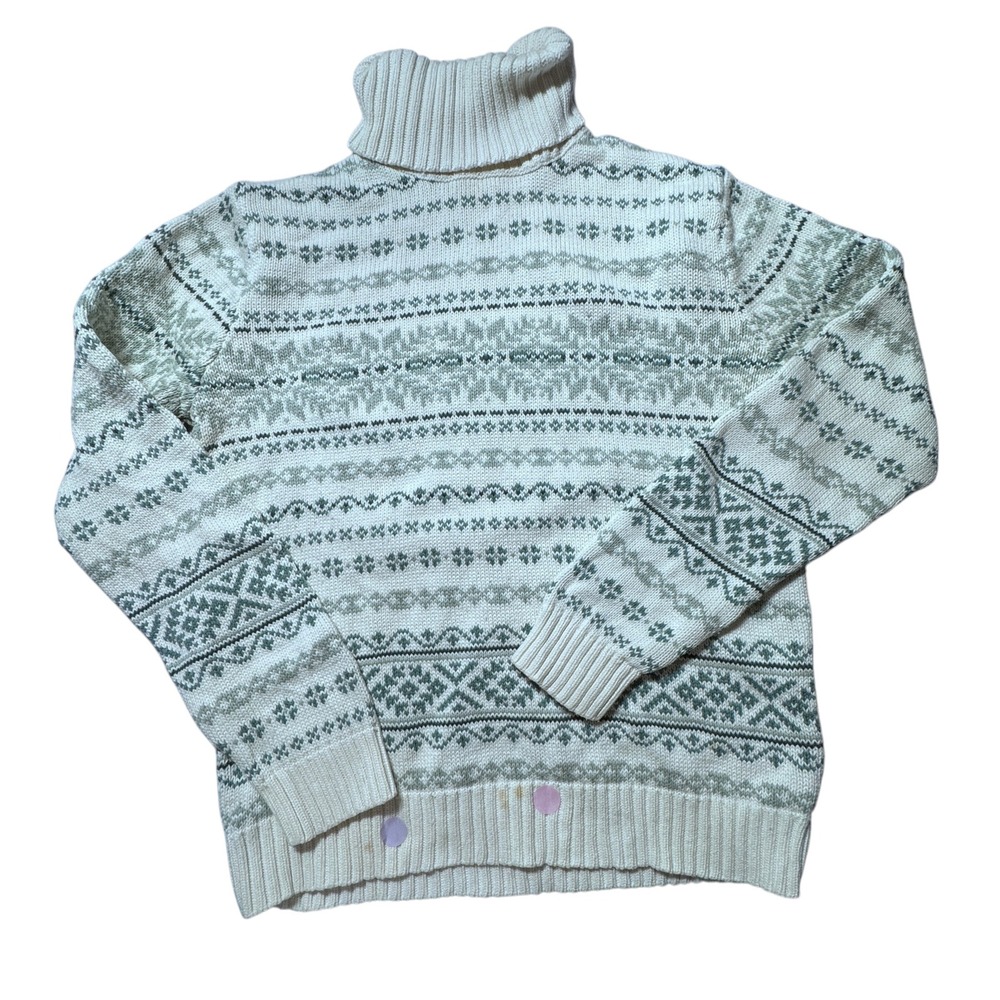 Eddie Bauer Turtleneck Sweater Womens M Cream Green Fair Isle Nordic Winter Cozy